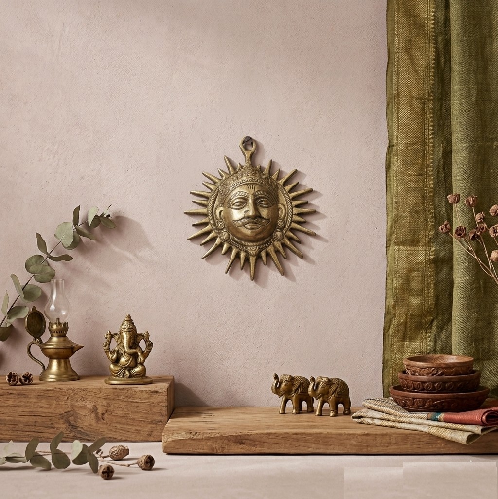 Brass Surya Dev Wall Hanging | Sun God Face Metal Wall Decor | Antique Finish Brass Sun Wall Art | Vastu Decor for Home Entrance, Living Room & Office - Image 5