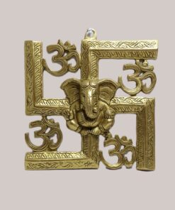 Handcrafted Brass Swastik Wall Hanging with Om Symbols & Ganesh Center | Vastu Swastika Ganesha Idol for Main Door, Home Entrance & Auspicious Protection