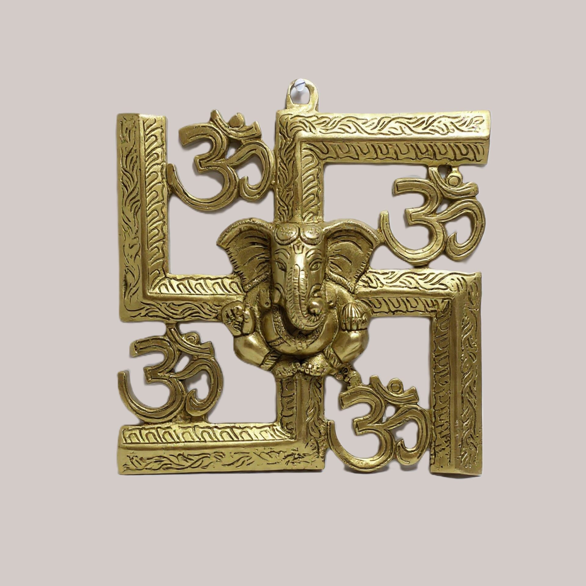 Handcrafted Brass Swastik Wall Hanging with Om Symbols & Ganesh Center | Vastu Swastika Ganesha Idol for Main Door, Home Entrance & Auspicious Protection