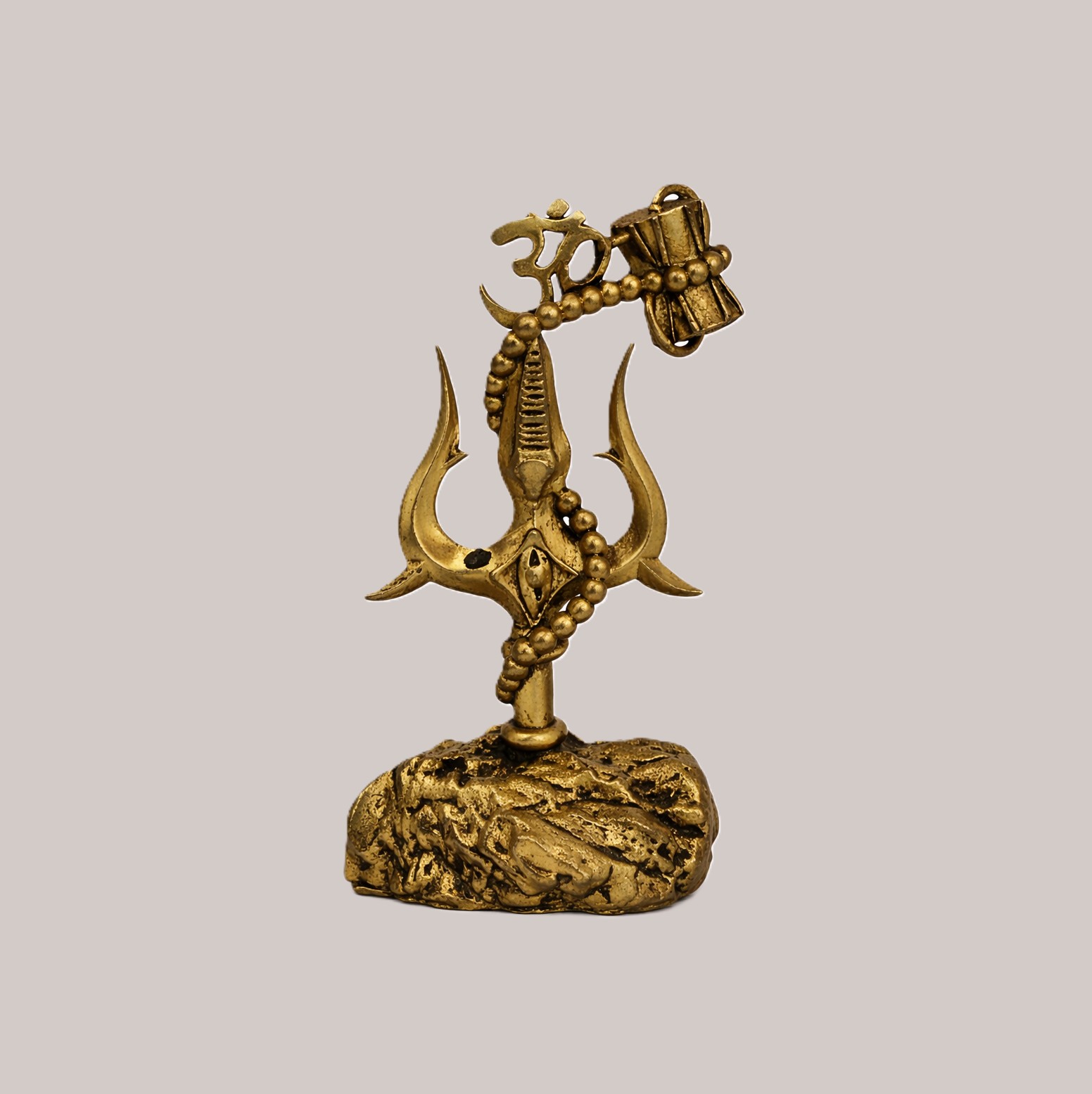Handcrafted Brass Shiva Trishul Showpiece with Om Damru Rudraksha | Vastu Mahadev Trident Idol on Rock Base for Car Dashboard, Home Temple & Spiritual Decor