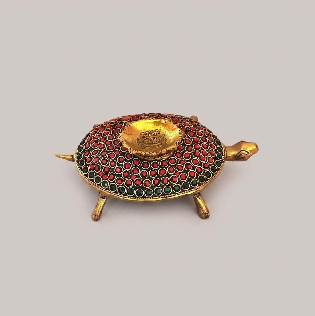 Brass Turtle Diya (Kachhua Deepak) with Stone Work | Vastu Tortoise Diya for Home, Office, Puja & Decorative Gift