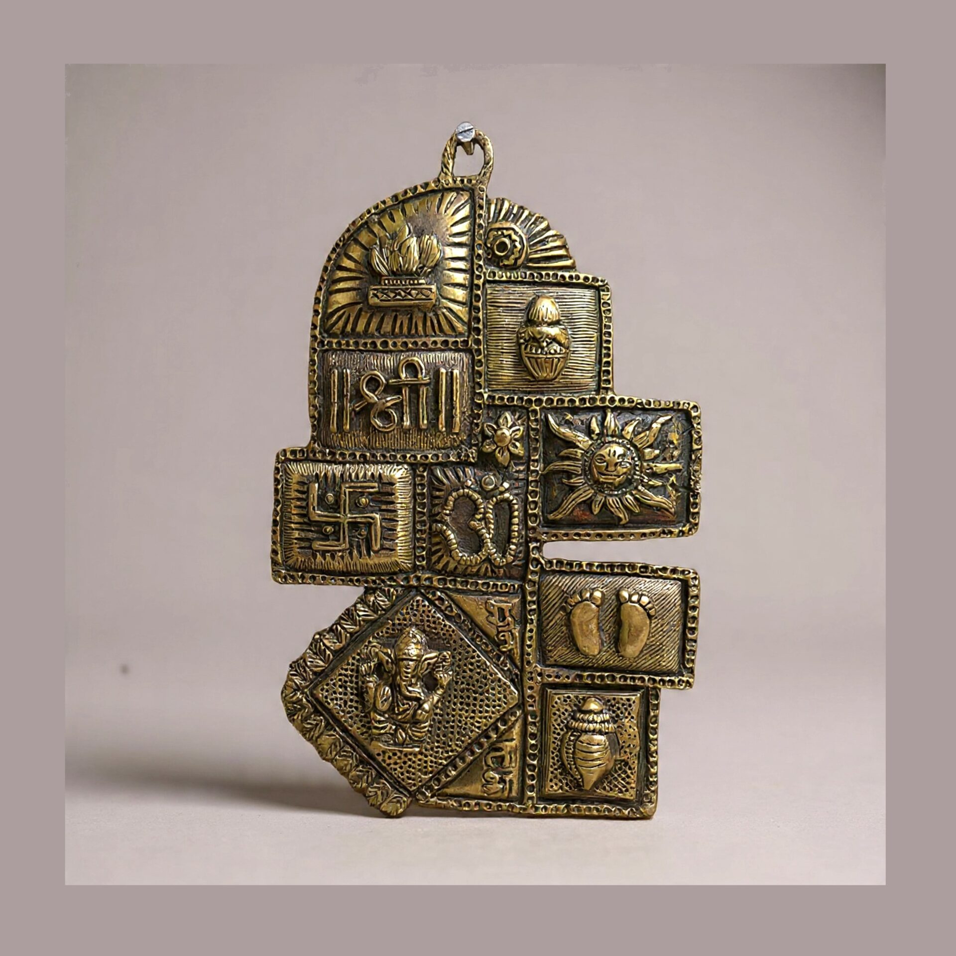 Handcrafted Brass Vastu Wall Hanging with Swastik, Om, Shree, Ganesh, Shankh, Kalash, Agni, Sun, Lotus & Charan Paduka | All-in-One Auspicious Decor