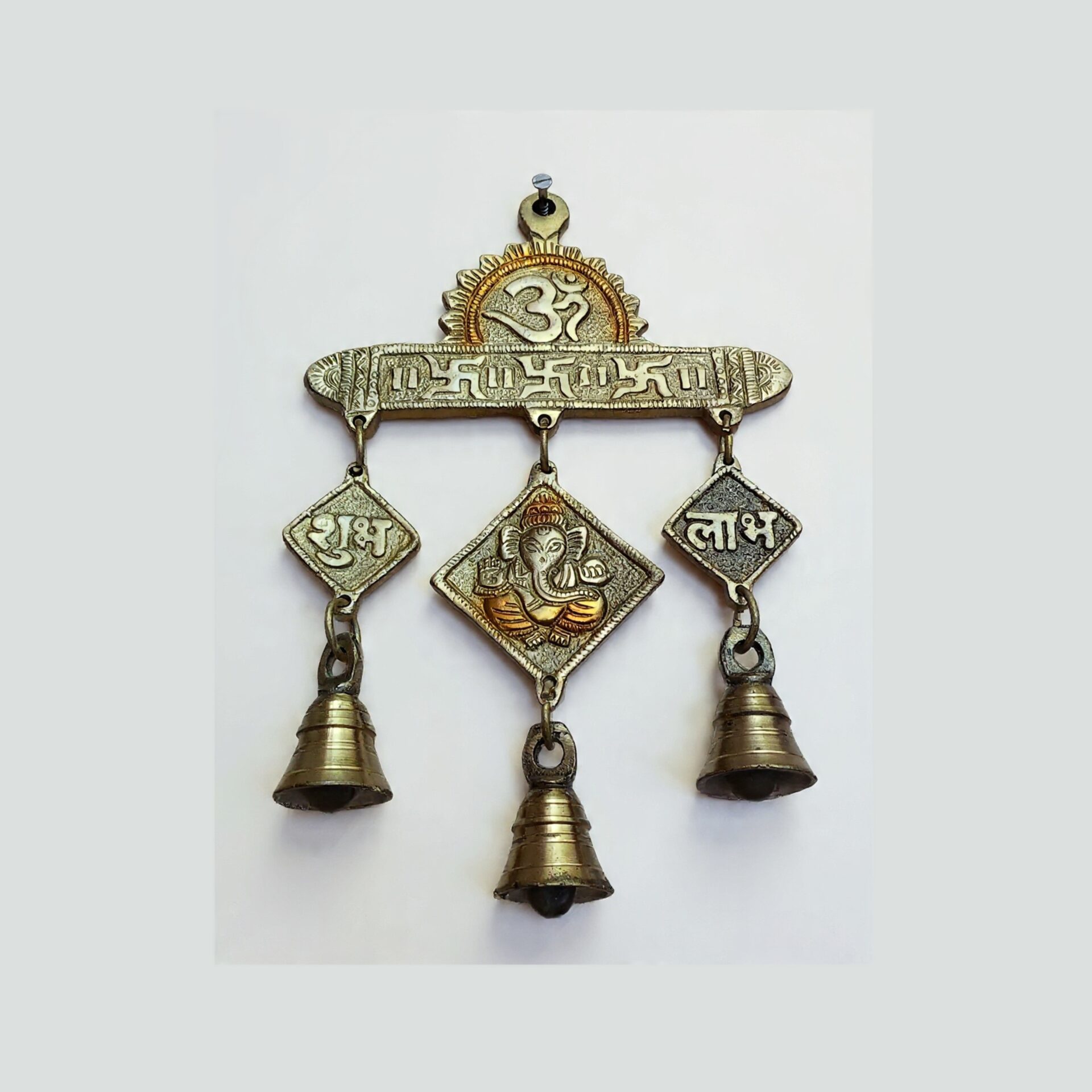 Handcrafted Brass Shubh Labh Wall Hanging with Om Swastik Ganesh & Temple Bells | Vastu Main Door Hanging for Home Entrance, Prosperity & Auspicious Blessing