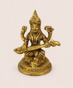 Handcrafted Small Brass Saraswati Murti with Veena | Vastu Goddess of Knowledge Idol for Study Desk, Home Temple, Wisdom, Arts & Saraswati Puja Gifting