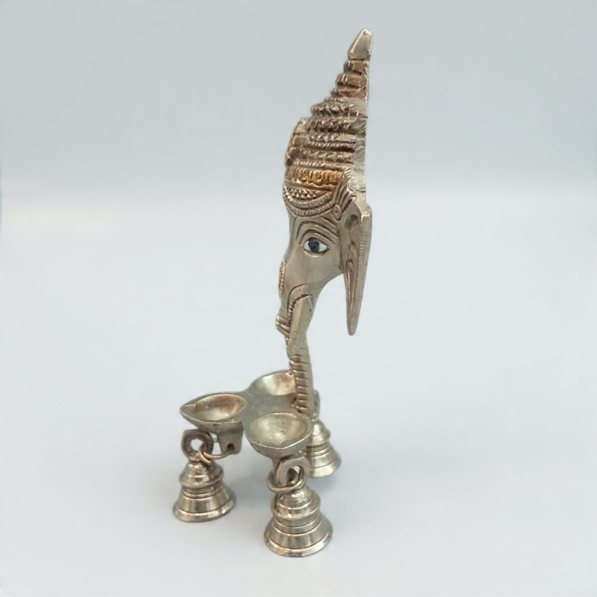 Handcrafted Brass Ganesha Face Wall Hanging Diya Pair with 3 Bells | Vastu Main Door Entrance Deepam for Good Luck, Vighnaharta Protection, Diwali & Gifting - Image 2