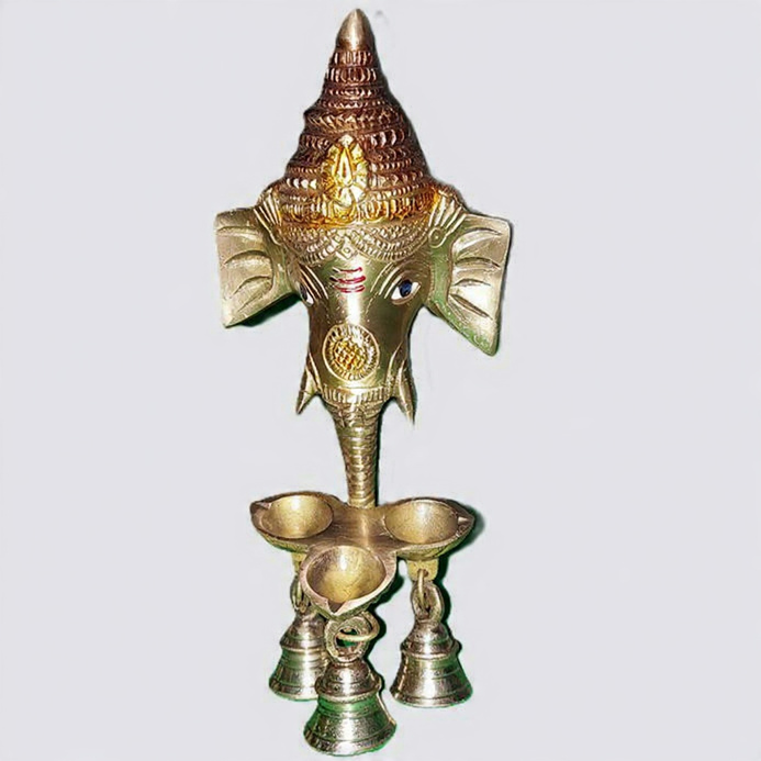 Handcrafted Brass Ganesha Face Wall Hanging Diya Pair with 3 Bells | Vastu Main Door Entrance Deepam for Good Luck, Vighnaharta Protection, Diwali & Gifting - Image 3
