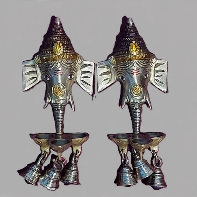 Handcrafted Brass Ganesha Face Wall Hanging Diya Pair with 3 Bells | Vastu Main Door Entrance Deepam for Good Luck, Vighnaharta Protection, Diwali & Gifting - Image 4