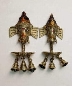 Handcrafted Brass Ganesha Face Wall Hanging Diya Pair with 3 Bells | Vastu Main Door Entrance Deepam for Good Luck, Vighnaharta Protection, Diwali & Gifting