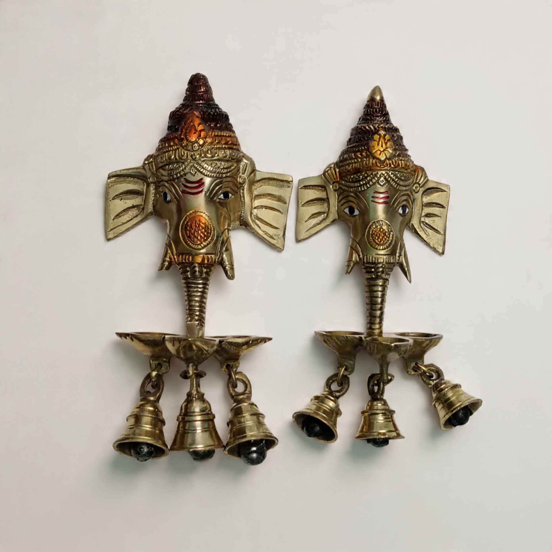Handcrafted Brass Ganesha Face Wall Hanging Diya Pair with 3 Bells | Vastu Main Door Entrance Deepam for Good Luck, Vighnaharta Protection, Diwali & Gifting