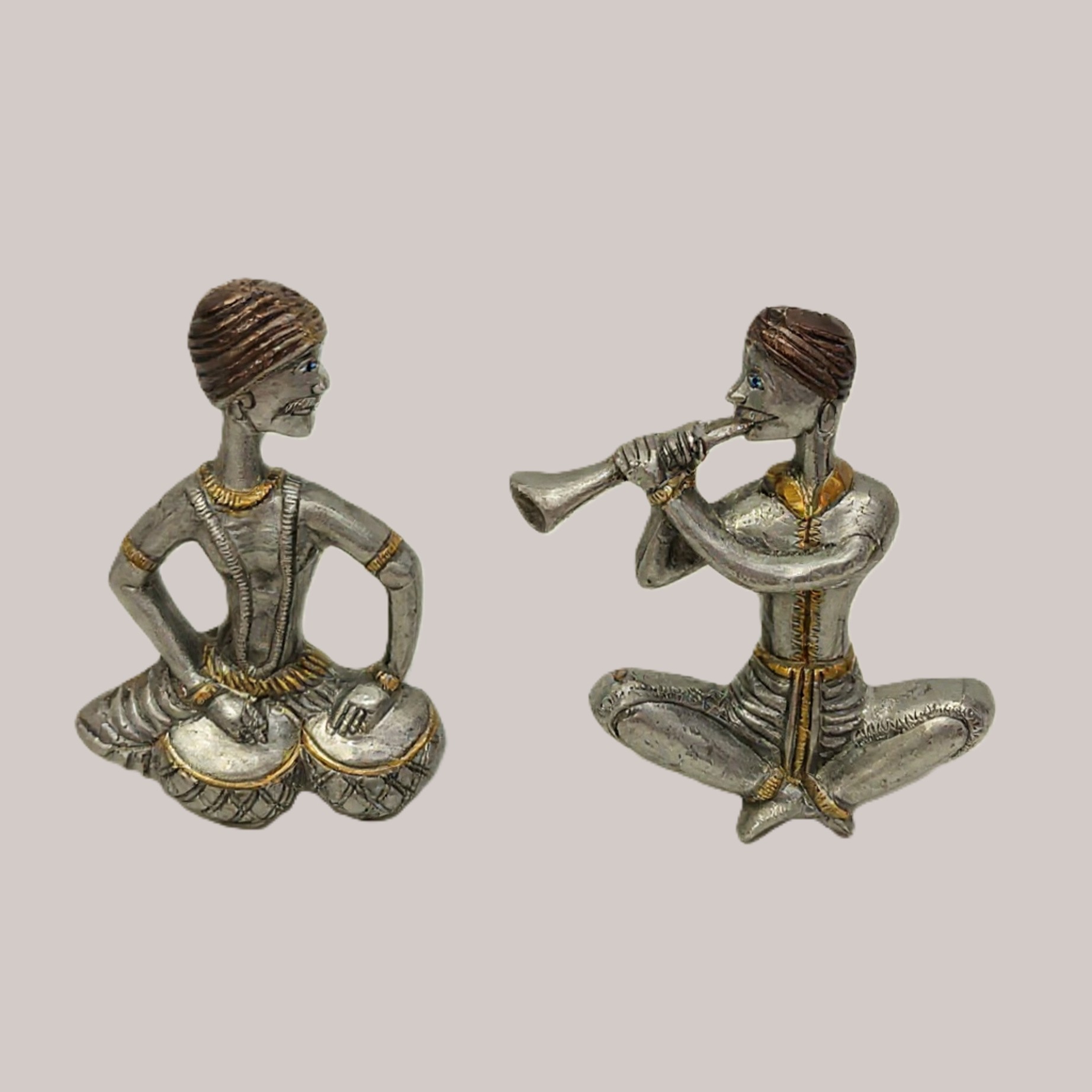 Handcrafted Brass Rajasthani Musician Figurines Set of 2 | Tabla & Shehnai Player Statues with Slate Base for Home Decor, Shelf & Festive Gifting - Image 2