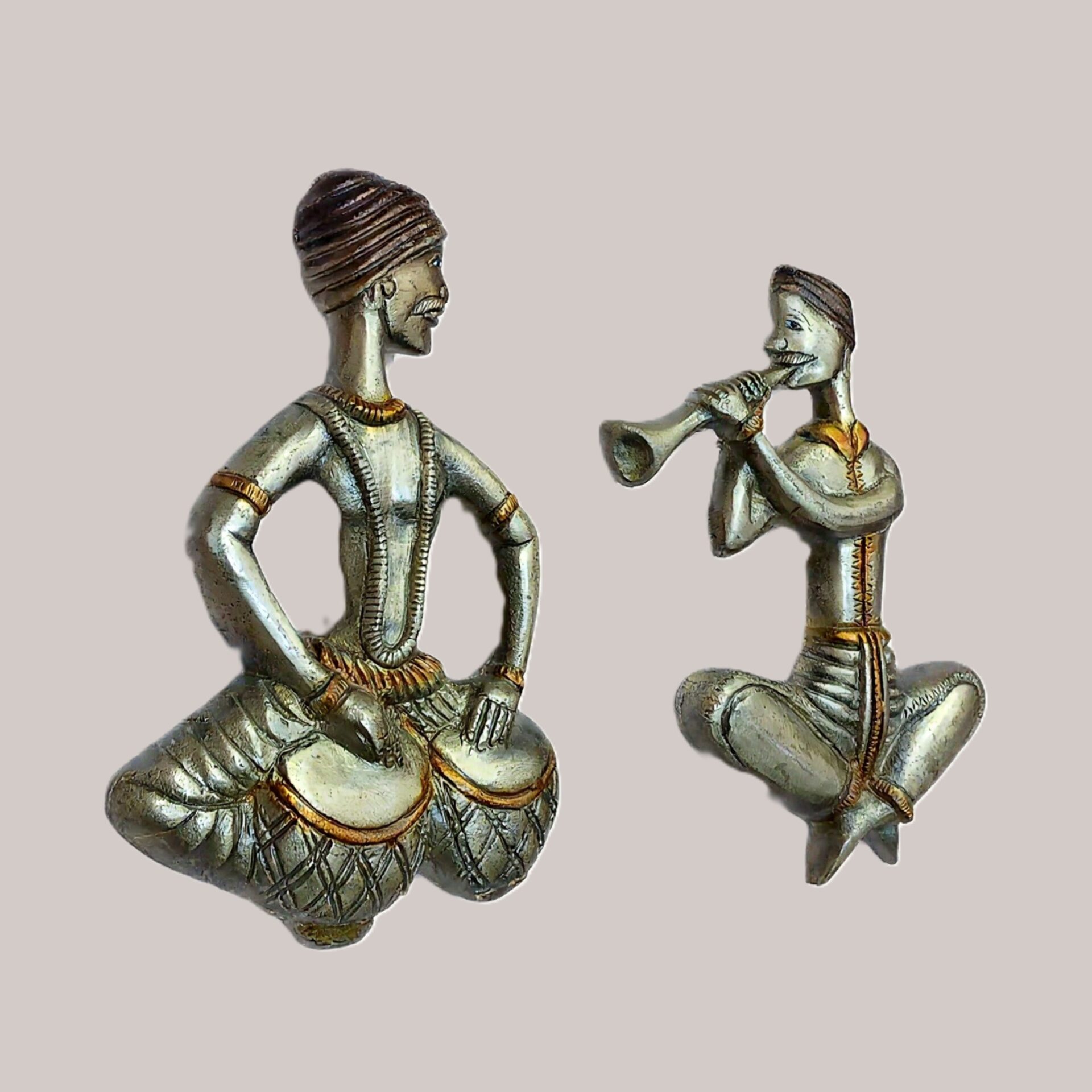 Handcrafted Brass Rajasthani Musician Figurines Set of 2 | Tabla & Shehnai Player Statues with Slate Base for Home Decor, Shelf & Festive Gifting - Image 3