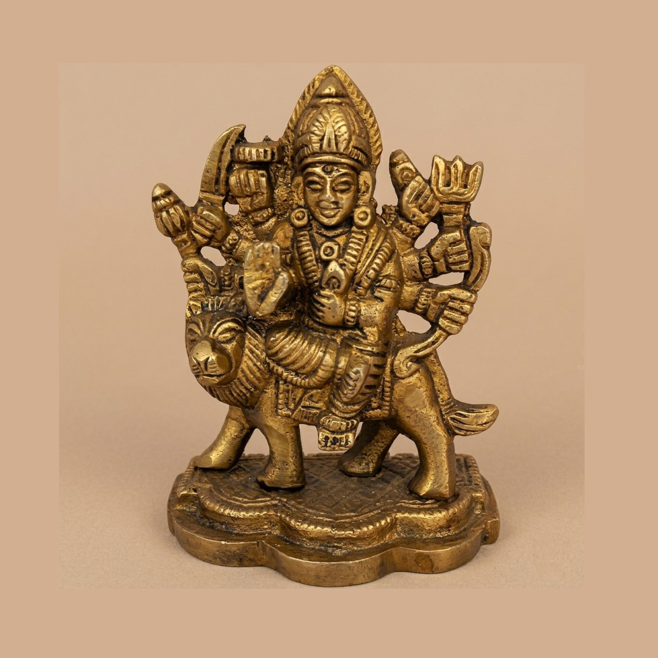 Handcrafted Brass Ashtabhuja Durga Maa Idol on Lion Vahana | Vastu Mahishasuramardini Devi Statue for Shakti, Protection, Courage, Home Temple & Navratri Decor