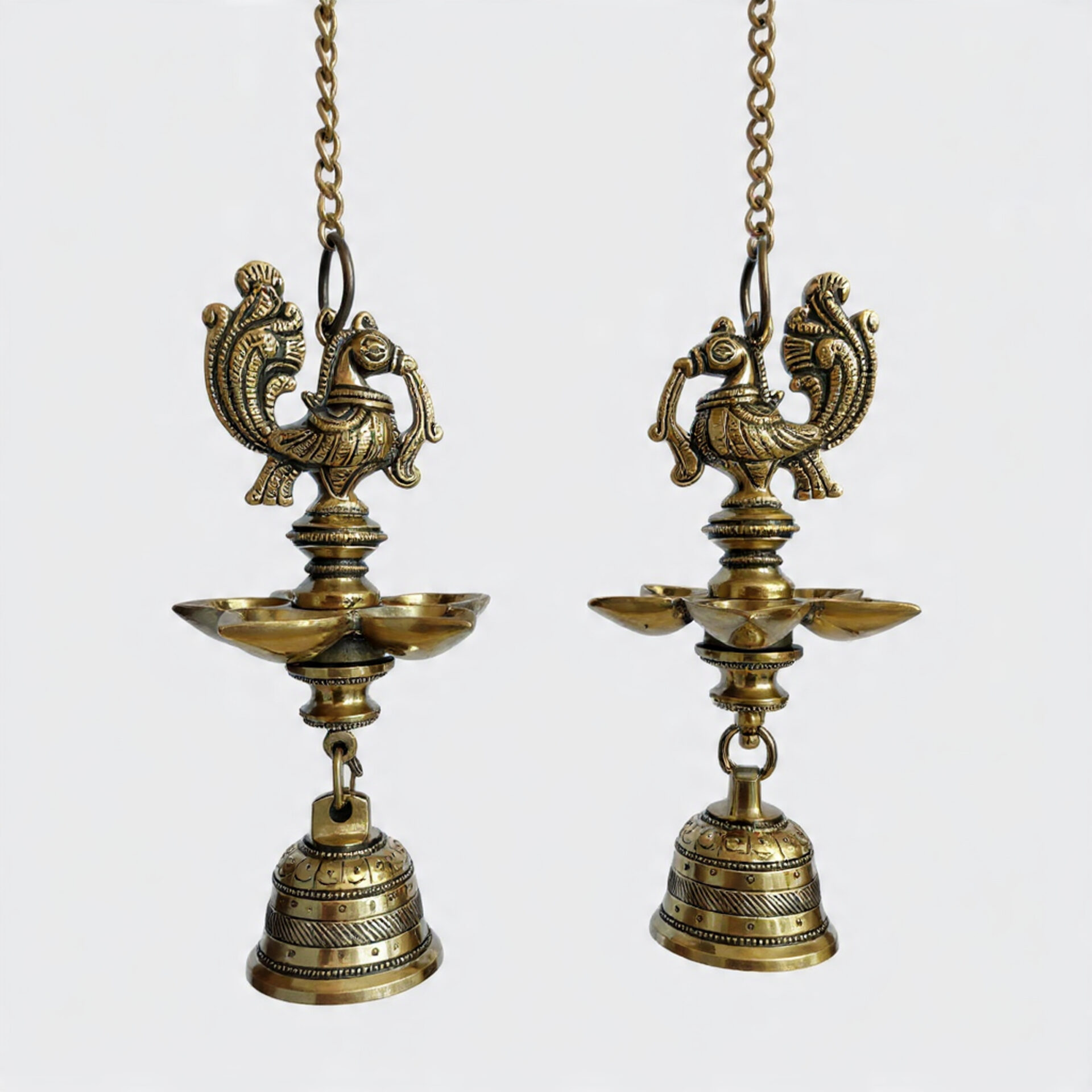 Handcrafted Brass Peacock Hanging Diya with Bell | Traditional South Indian Vilakku for Home Temple, Vastu Decor, Diwali & Festive Gifting