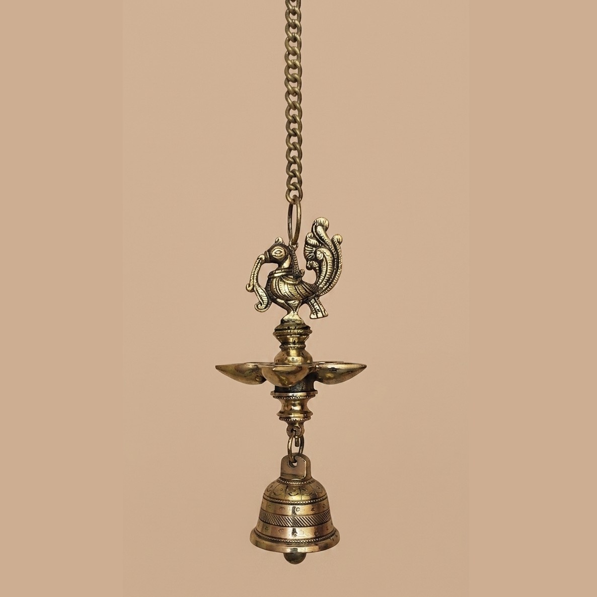 Handcrafted Brass Peacock Hanging Diya with Bell | Traditional South Indian Vilakku for Home Temple, Vastu Decor, Diwali & Festive Gifting - Image 4