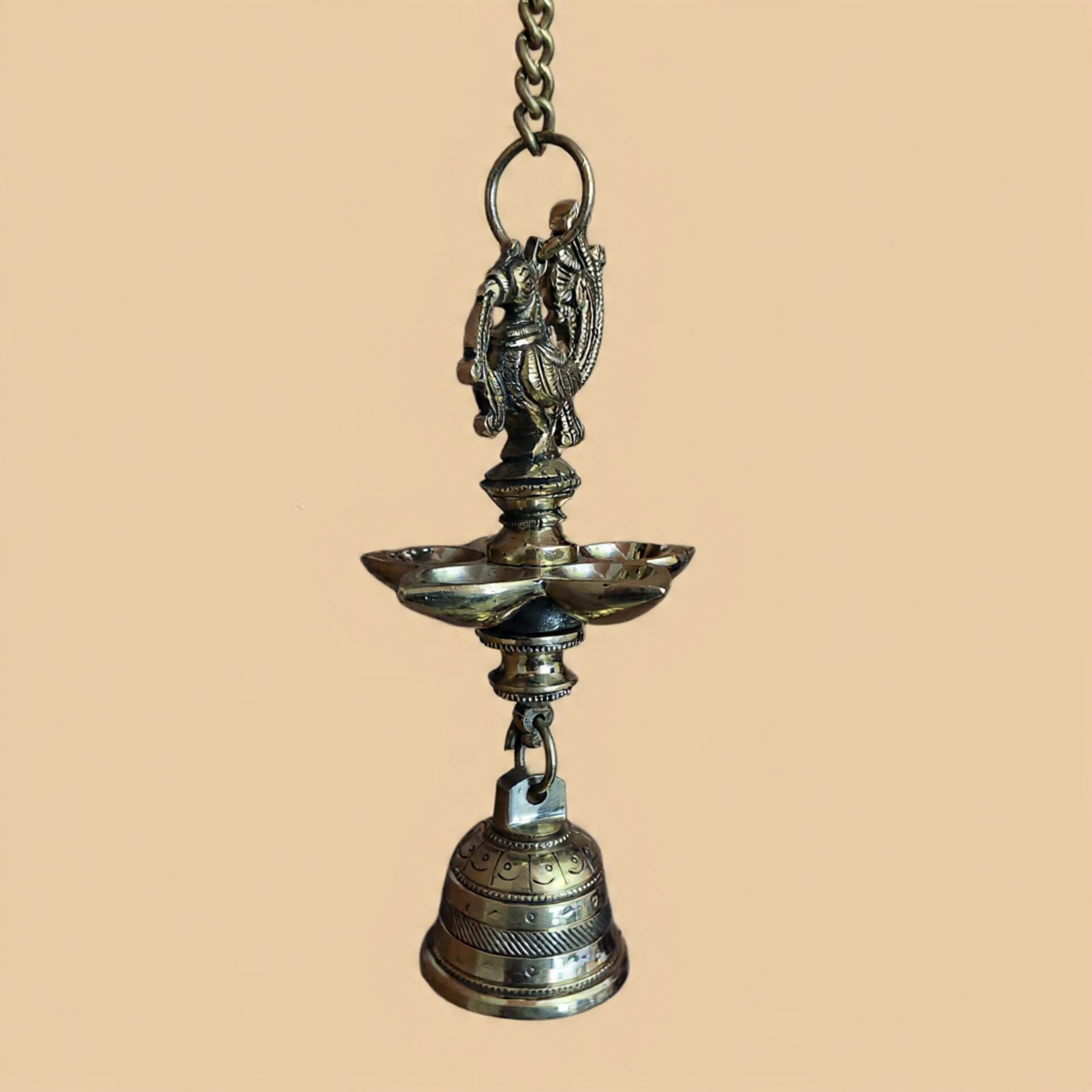 Handcrafted Brass Peacock Hanging Diya with Bell | Traditional South Indian Vilakku for Home Temple, Vastu Decor, Diwali & Festive Gifting - Image 6