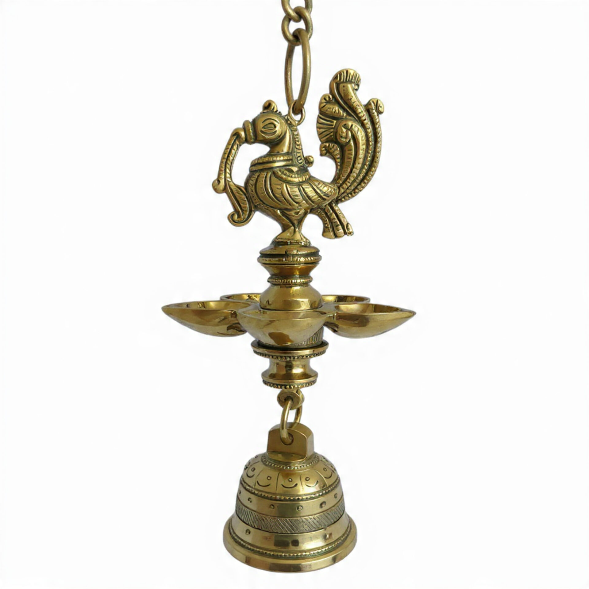 Handcrafted Brass Peacock Hanging Diya with Bell | Traditional South Indian Vilakku for Home Temple, Vastu Decor, Diwali & Festive Gifting - Image 7