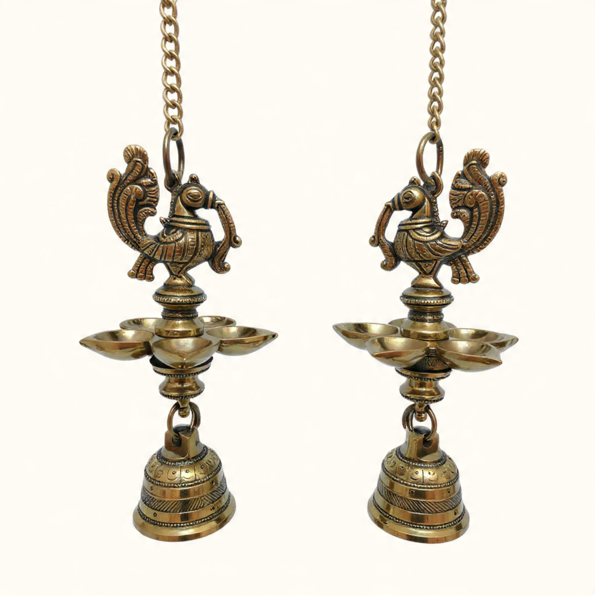 Handcrafted Brass Peacock Hanging Diya with Bell | Traditional South Indian Vilakku for Home Temple, Vastu Decor, Diwali & Festive Gifting - Image 10