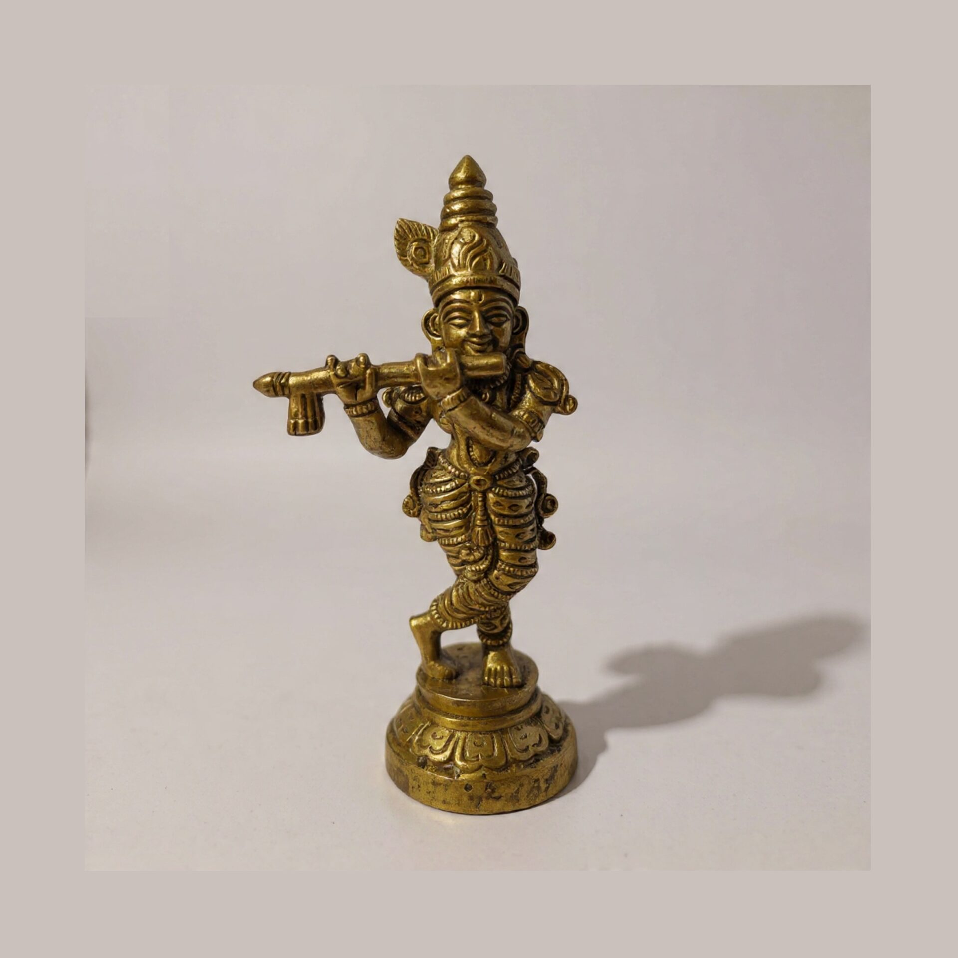 Handcrafted Brass Lord Krishna Idol Playing Flute | Standing Murti with Peacock Crown | Spiritual Home Decor, Pooja Room Gift & Vastu Statue
