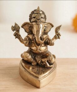 Shiny Brass Lord Ganesha Idol on Designer Paan Leaf Base - Handcrafted Golden Statue for Pooja, Home Mandir & Luxury Gifting