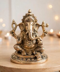 Divine Brass Lord Ganesha Idol on Ornate Base - Handcrafted Antique Gold Finish for Home Temple, Office Decor & Vastu Blessings