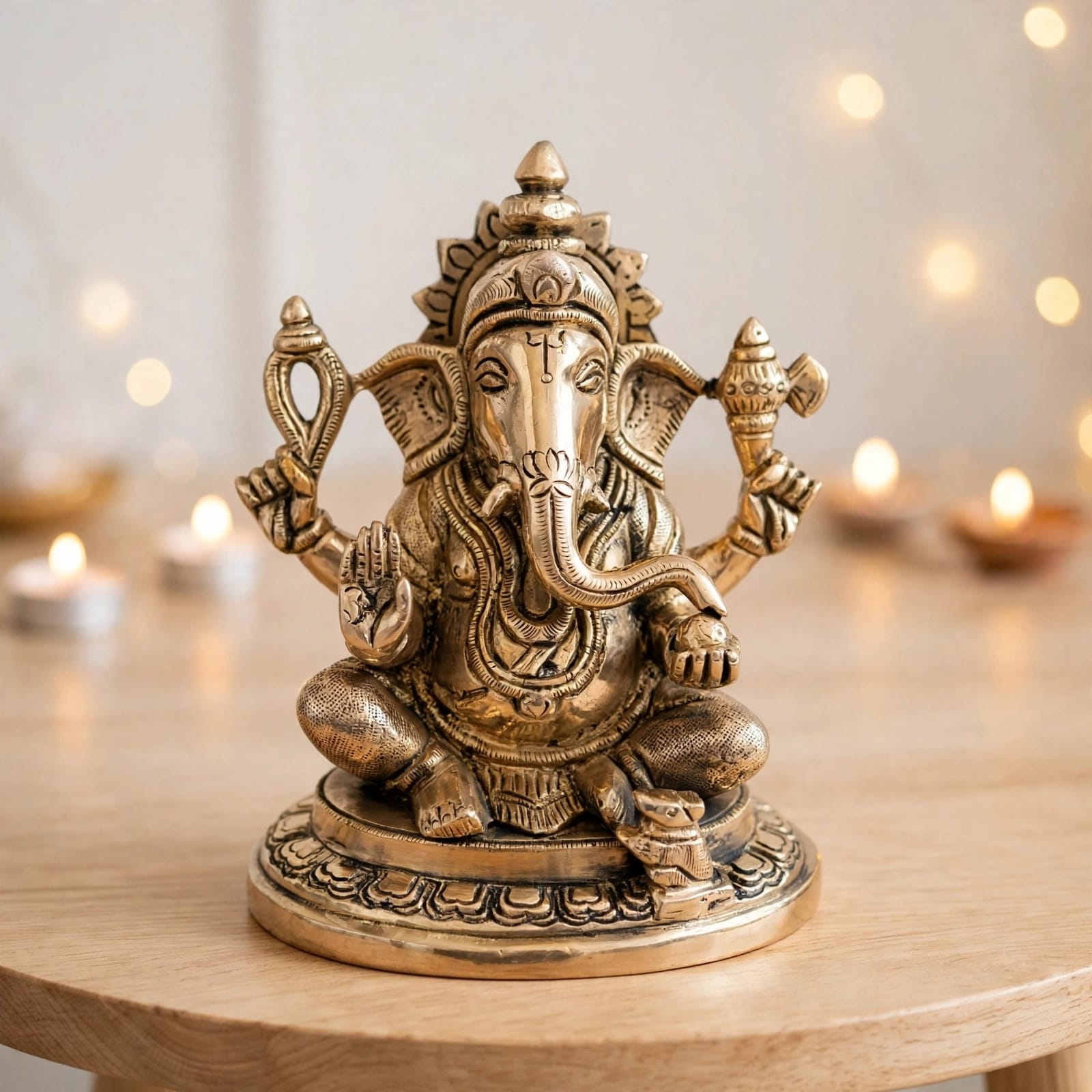 Divine Brass Lord Ganesha Idol on Ornate Base - Handcrafted Antique Gold Finish for Home Temple, Office Decor & Vastu Blessings