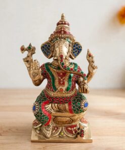 Royal Brass Ganesha Idol with Multicolor Stone Work - Jeweled Meenakari Statue for Temple Decor, Festive Gifting & Prosperity