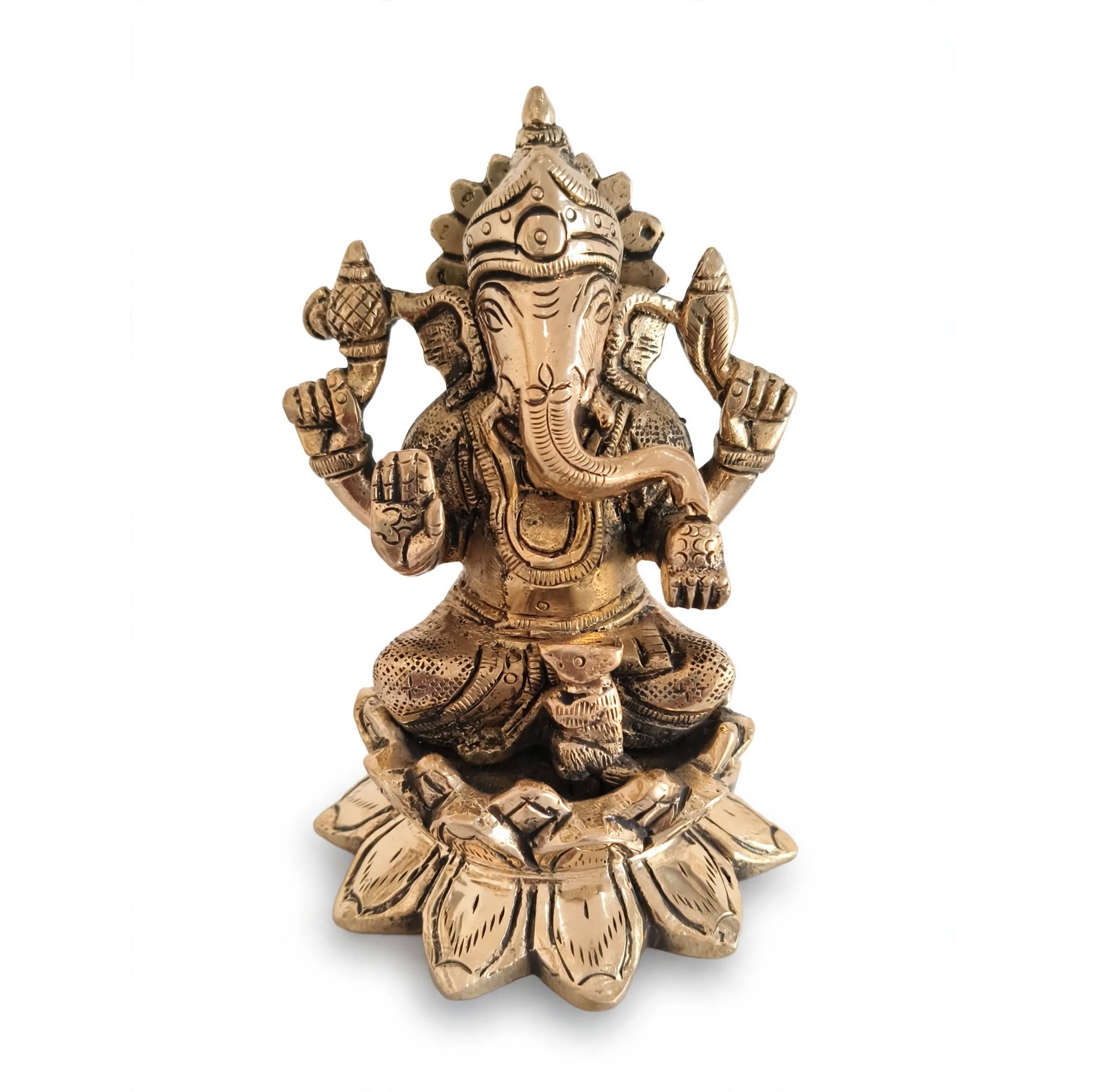 Antique Brass Lotus Ganesha Idol with Mushak - Handcrafted Om Palm Blessing Statue for Mandir, Home Decor & Diwali Gifting - Image 2