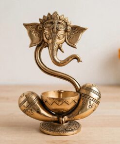Modern Brass Ganesha Diya Holder - Artistic Om Trunk Oil Lamp for Pooja Room, Entrance Decor & Auspicious Deepam Gifting
