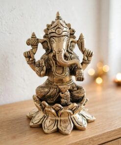 Antique Brass Lotus Ganesha Idol with Mushak - Handcrafted Om Palm Blessing Statue for Mandir, Home Decor & Diwali Gifting