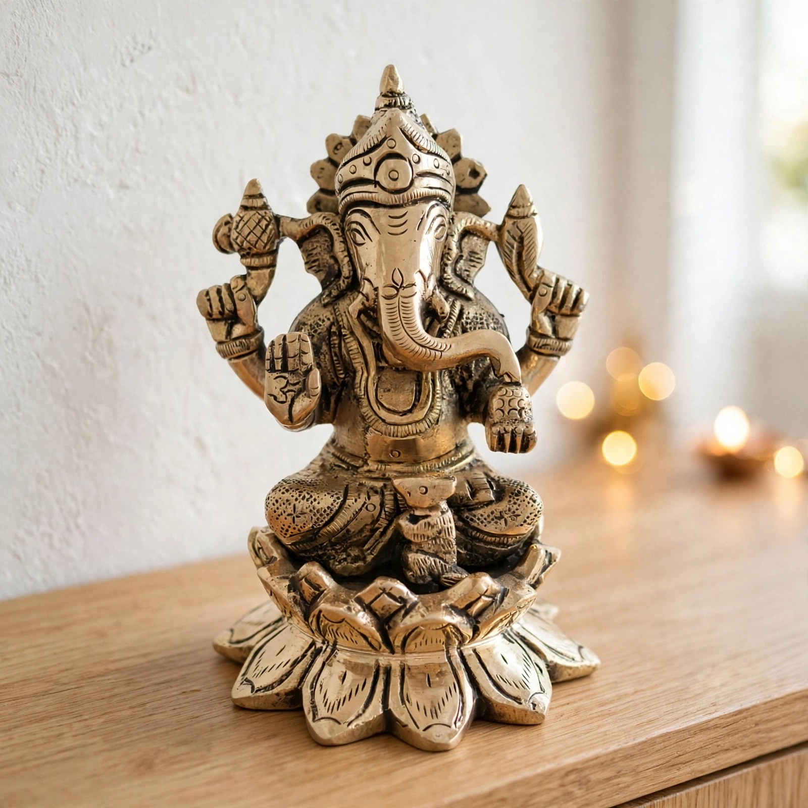 Antique Brass Lotus Ganesha Idol with Mushak - Handcrafted Om Palm Blessing Statue for Mandir, Home Decor & Diwali Gifting