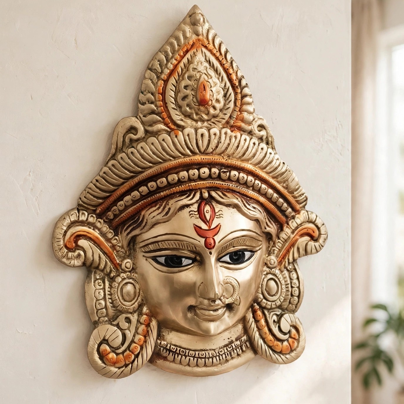 Brass Goddess Durga Face Mask | Durga Ji Wall Hanging | Durga Face Showpiece | Ma Durga | For Home, Office, Puja | Religious Figurines | Decorative Murti Gift