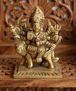 Handcrafted Small Brass Durga Maa Idol on Lion | Vastu Ashtabhuja Mahishasuramardini Devi Statue for Car Dashboard, Travel Puja, Protection & Navratri Gifting