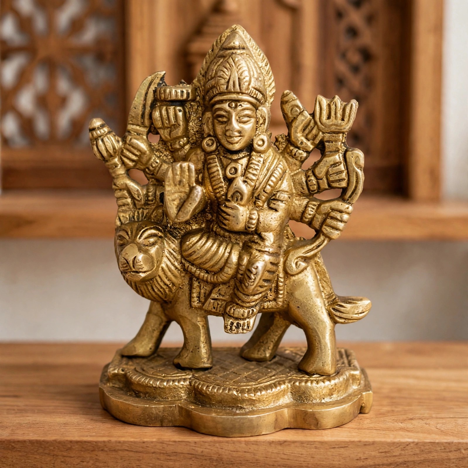 Handcrafted Brass Ashtabhuja Durga Maa Idol on Lion Vahana | Vastu Mahishasuramardini Devi Statue for Shakti, Protection, Courage, Home Temple & Navratri Decor