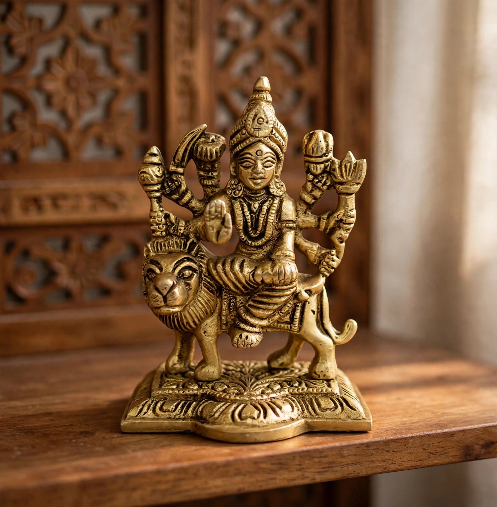 Handcrafted Brass Durga Maa Idol on Lion | Vastu Mahishasuramardini Ashtabhuja Devi Statue for Protection, Strength, Home Temple, Navratri Puja & Shakti Worship