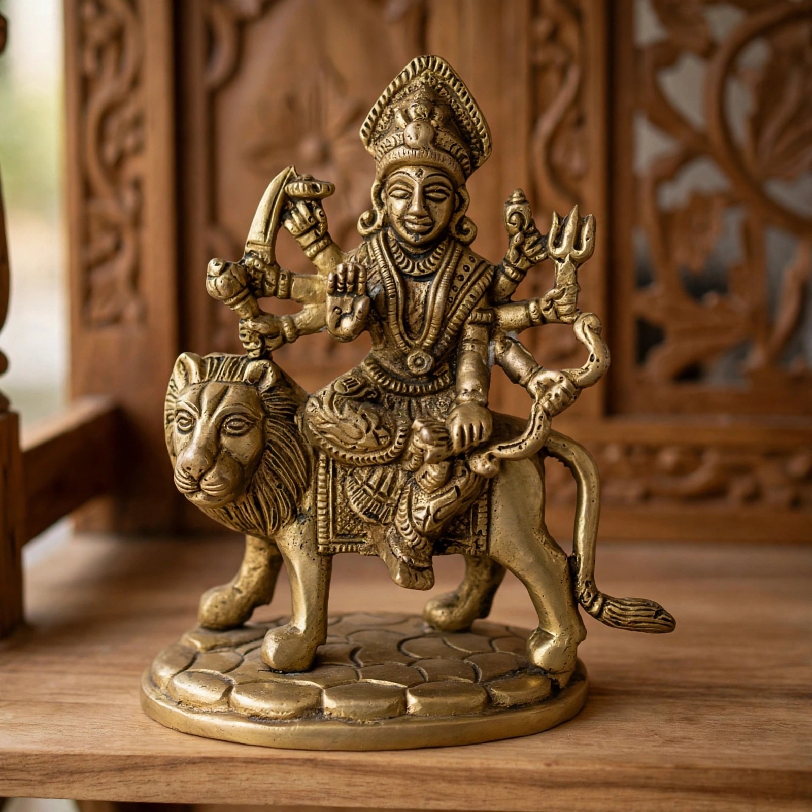 Handcrafted Brass Durga Mata Idol on Lion Vahana | Vastu Ashtabhuja Mahishasuramardini Devi Statue for Shakti, Protection, Home Temple & Navratri Puja Decor